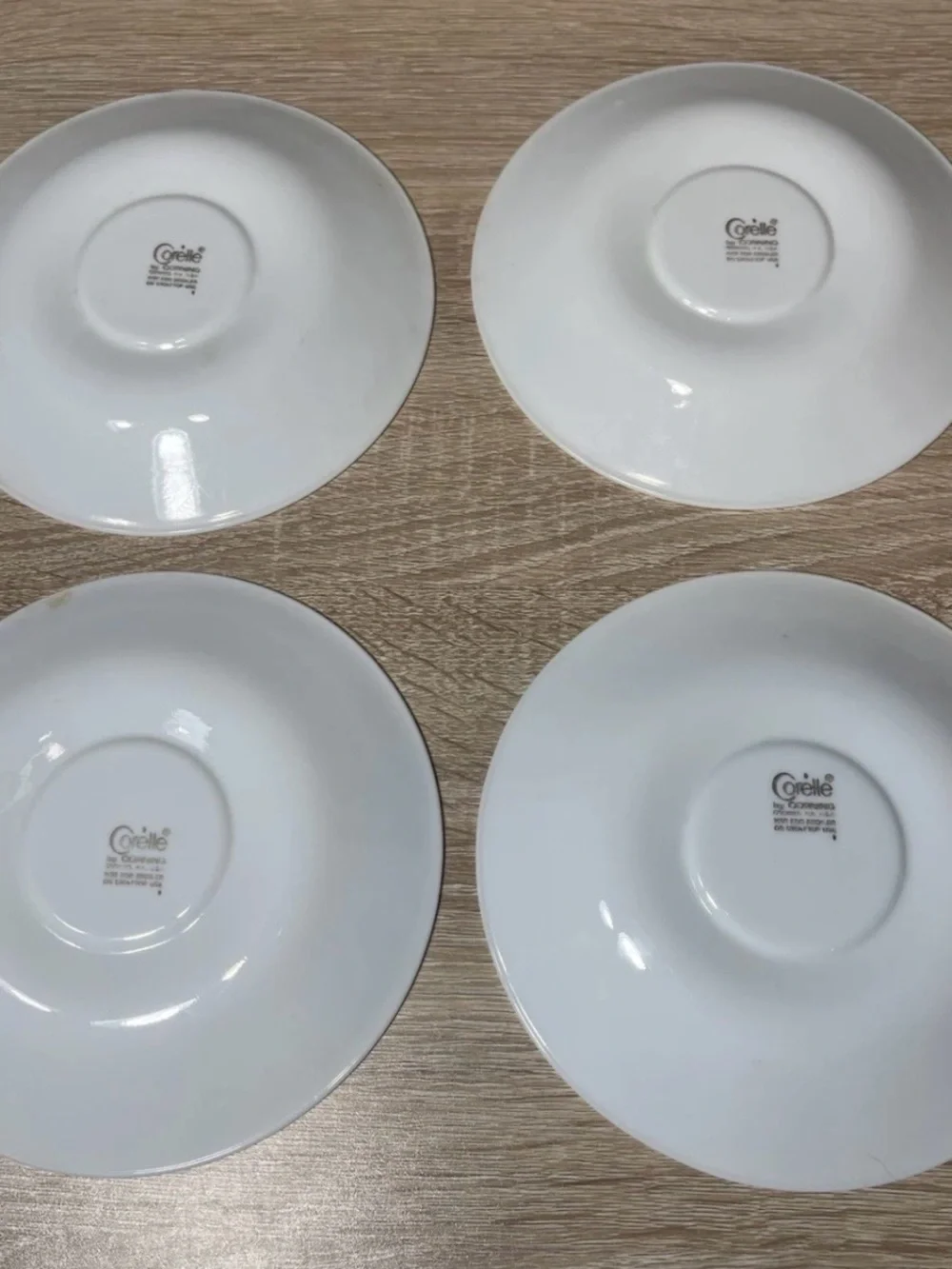 Set of (4) corelle pyrex coffe cups with saucers “woodland ” hook handles